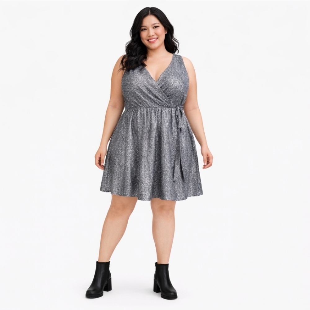 TORRID 3X mini glitter lurex surplice tiered tie back dress silver